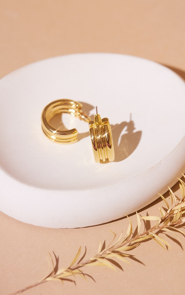 Real Gold Plated Tripple Tube Hoop Earrings | PrettyLittleThing US