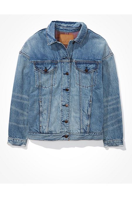 AE Oversized Plaid Lined Denim Jacket Women's Medium Wash L | American Eagle Outfitters (US & CA)