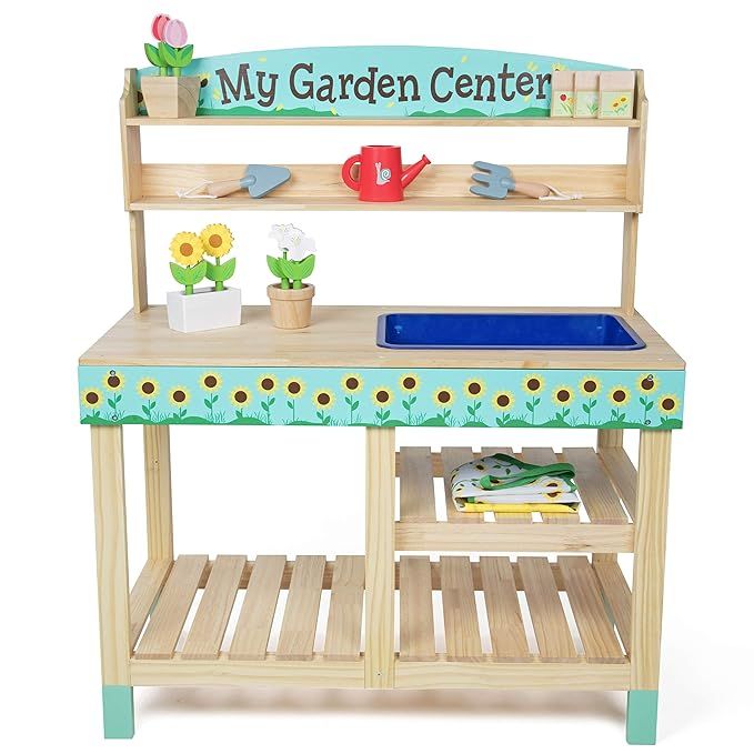 Wooden Toy Gardening Center Indoor/Outdoor Playset - 22 Pc Garden Set w Flowers, Seed Packets, Po... | Amazon (US)