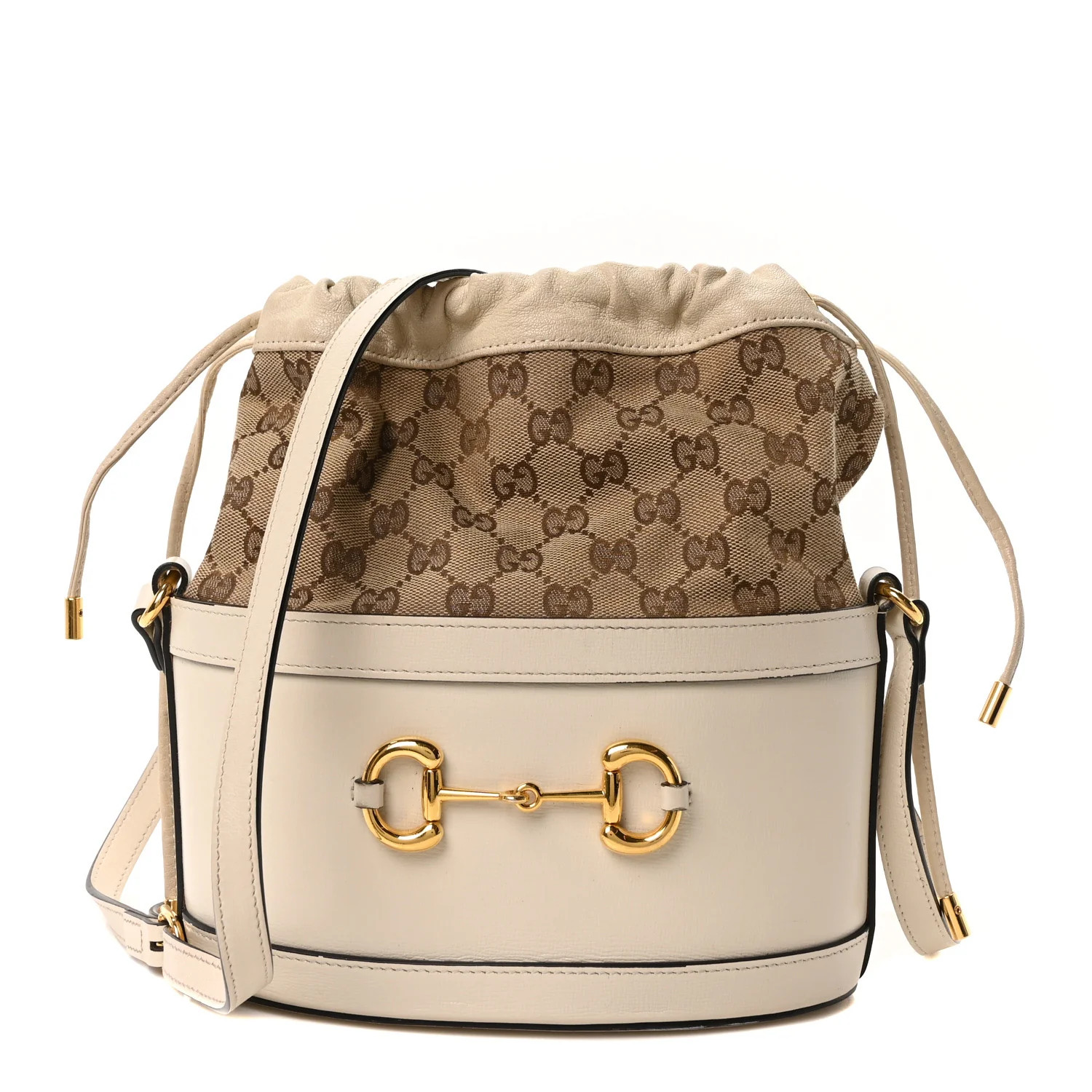 Monogram Textured Calfskin Horsebit 1955 Drawstring Bucket Bag Beige Mystic White | FASHIONPHILE (US)