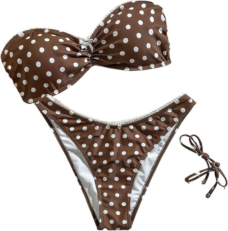 SweatyRocks Women's 2 Piece Ruched Bandeau Bikini Sets Polka Dots Bathing Suits | Amazon (US)