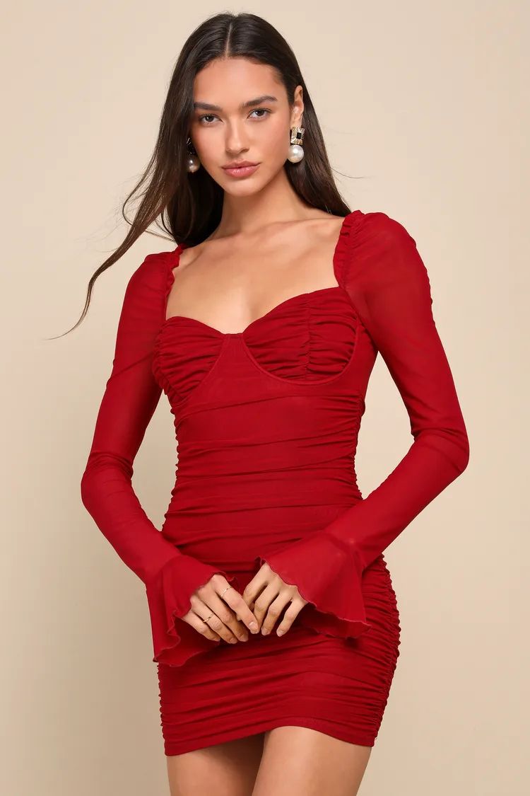 Fascinating Beauty Dark Red Mesh Ruched Bustier Mini Dress | Lulus