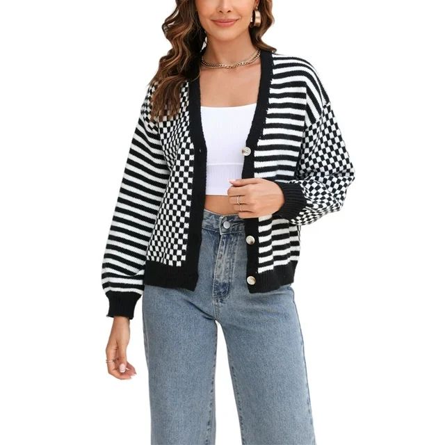 Checkered Striped Mixed Cardigan Button Sweater Long Sleeve Regular Fit for Women Black X-Large -... | Walmart (US)