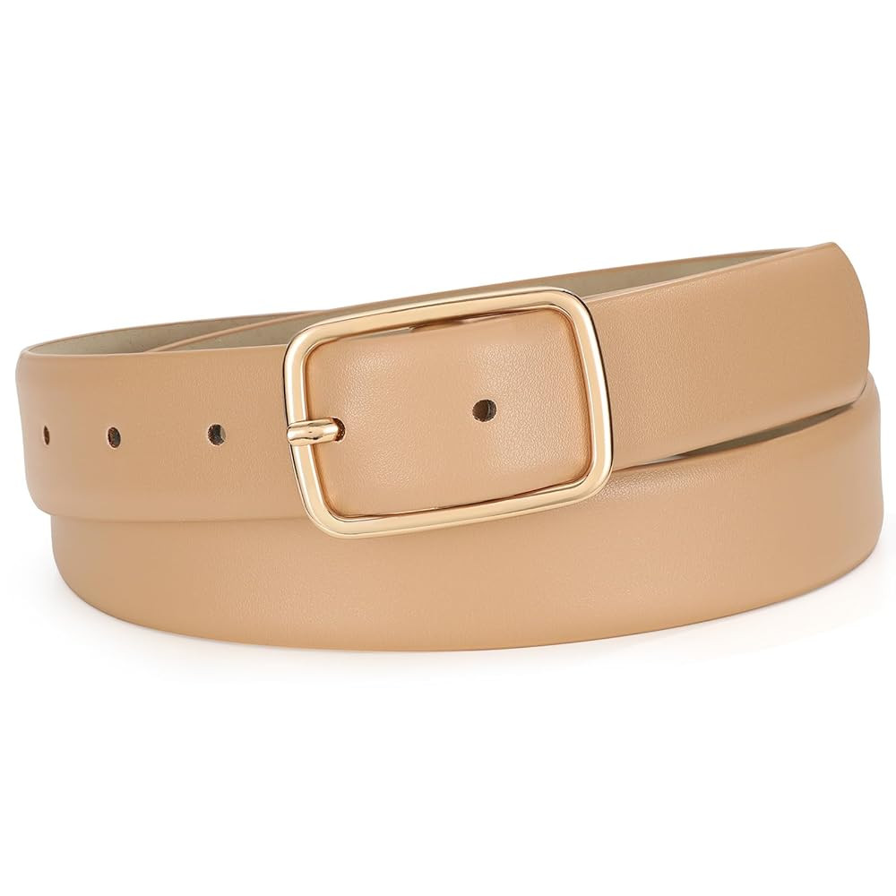 Women Leather Belts for Jeans Pants Fashion Ladies Waist Belts Simple Gold Square Buckle Belt | Amazon (US)