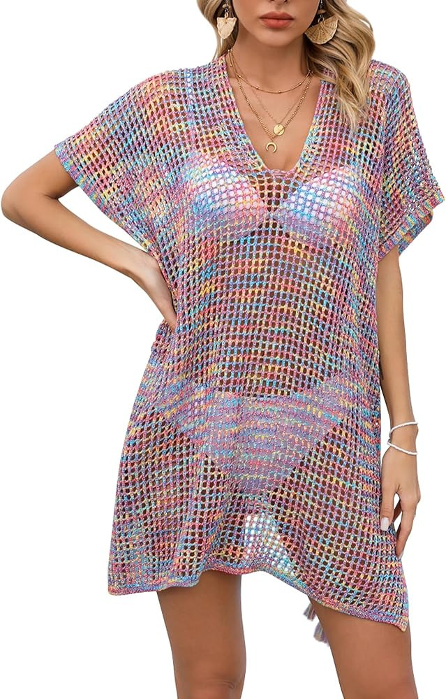 Kaximil Women's Bathing Suit Cover Up Short Sleeve Swimsuit Swimwear Crochet Dress | Amazon (US)