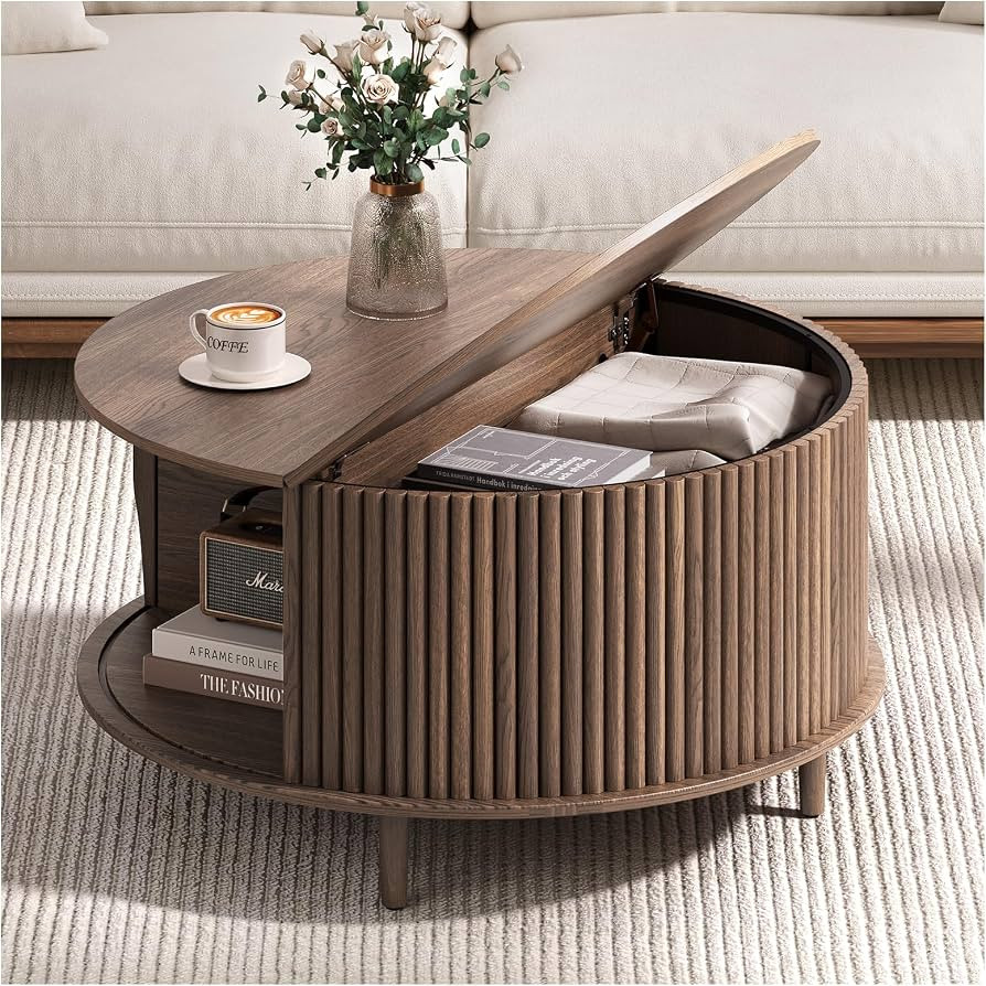31.5" Round Coffee Table with Storage, Mid Century Modern Coffee Table with Shelf & Sliding Door,... | Amazon (US)