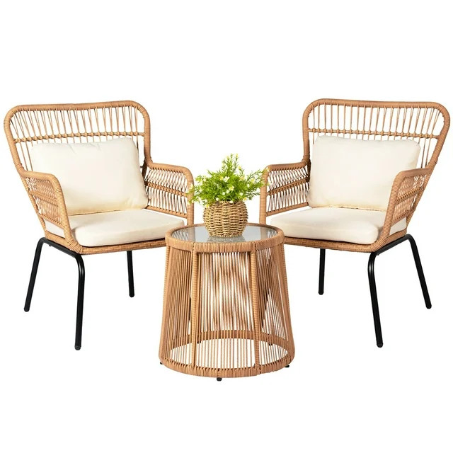 Tappio 3-Piece Patio Conversation Bistro Set Rattan Furniture, Outdoor Patio Set w/Glass Top Tabl... | Walmart (US)
