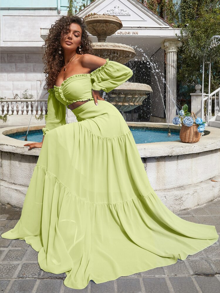 Missord Off Shoulder Lantern Sleeve Frill Trim Cut Out Maxi Dress | SHEIN