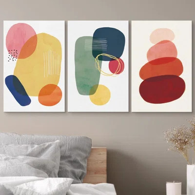 Abstract Vibrant Color Blocks "Boho Bold Bright Circle Artwork, Geometric Colorful Modern Wall Pictures, Framed Canvas Giclée Print 3 Pieces Wall Art | Wayfair North America