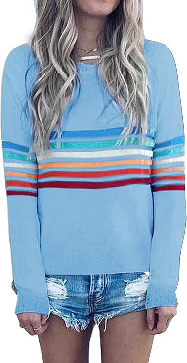 ECOWISH Women's Sweater Rainbow Colorful Striped Sweaters Long Sleeve Crew Neck Color Block Casua... | Amazon (US)
