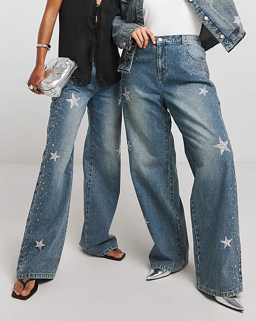 Star Embellished Wide Leg Jeans | Simply Be (UK)