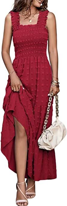 MASCOMODA Womens Boho Sleeveless Smocked Maxi Dress Solid Shoulder Strap Swiss Dot Tank A-Line Sw... | Amazon (US)
