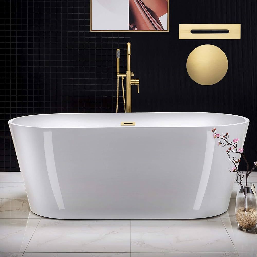 WOODBRIDGE 67" Acrylic Freestanding Bathtub Contemporary Soaking White Tub with Brushed Gold Over... | Amazon (US)