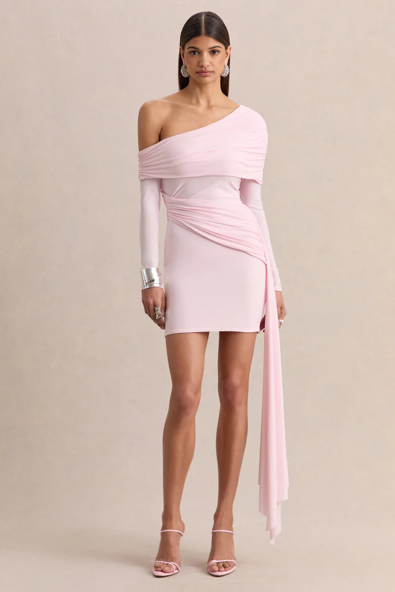 Savita  Light Pink Ruched Asymmetric Mini Dress With Drape | Club L London