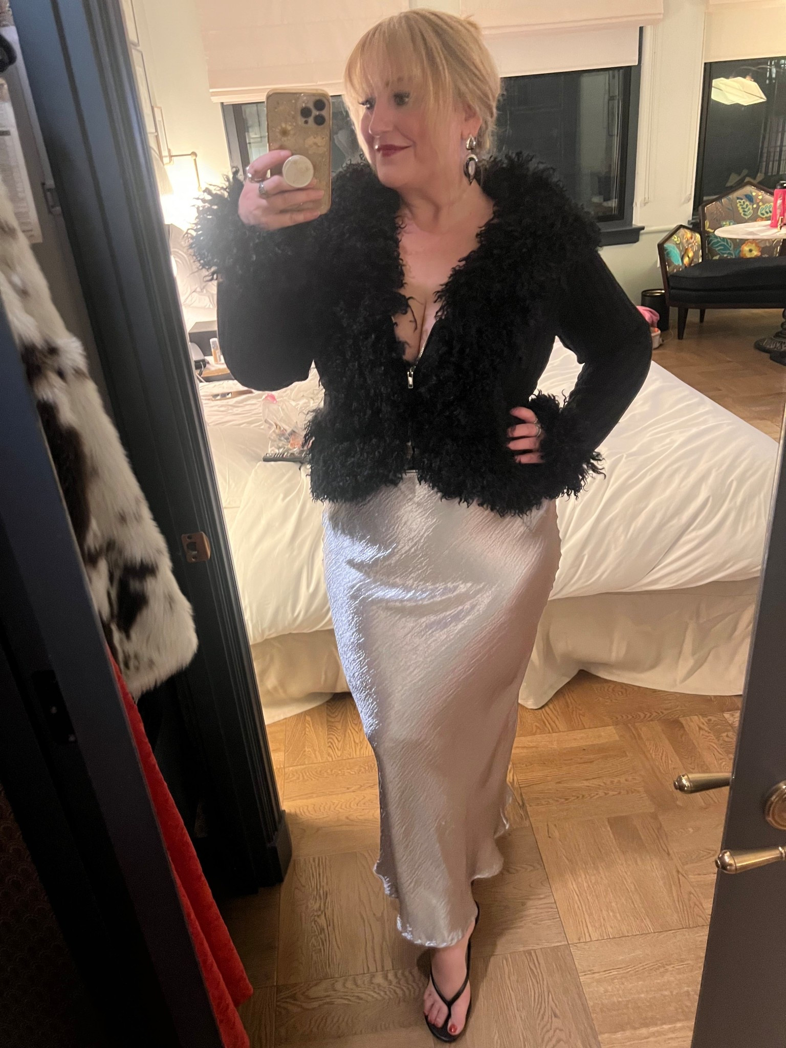 Glam look, love a slip skirt and fur collar 
Size L skirt (sold out) and size L sweater 
Linked similar skirts 

#LTKOver40 #LTKMidsize #LTKootd