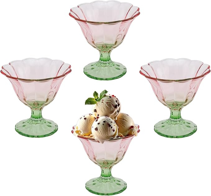 Glass Dessert Bowls 10 Oz Set of 4 Ice Cream Cups Footed Bowl Light Pink-Green Clear Drinking Cup... | Amazon (US)
