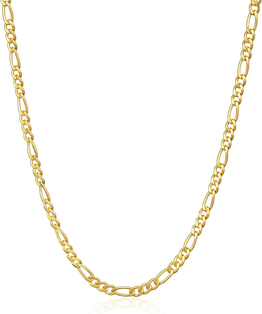 Barzel 18K Gold Plated Figaro Chain Necklace 2MM, 2.5MM, 3MM, 4MM, 4.5MM & 5MM for Women & Men | Amazon (US)