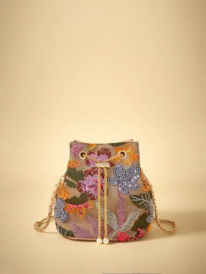 Travachic 1 pieza Bolso de cubo de lino con bordado floral y de hojas de PVC de colores, nuevo es... | SHEIN