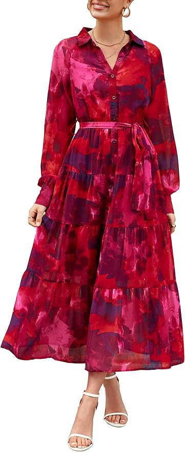 PRETTYGARDEN Womens Spring Dress 2026 Casual Long Sleeve Button Down Belted Boho Floral Flowy Max... | Amazon (US)