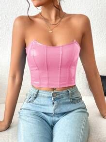 SHEIN Privé Pink Corset Solid PU Leather Crop Tube Top | SHEIN