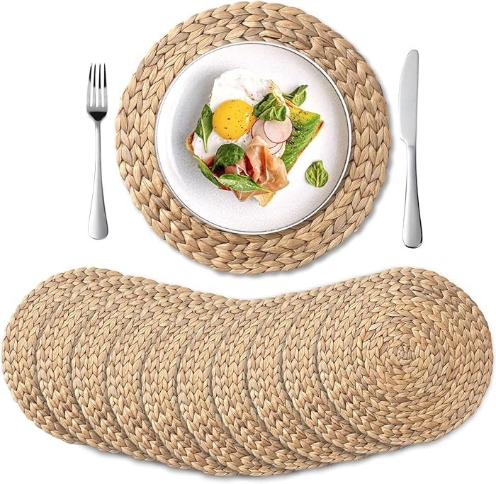 10 Pack, Round Woven Placemats, Natural Water Hyacinth Place mats, Braided Straw Table Mats for Dining Table, Christmas Placemats (13.8 inch) | Amazon (US)