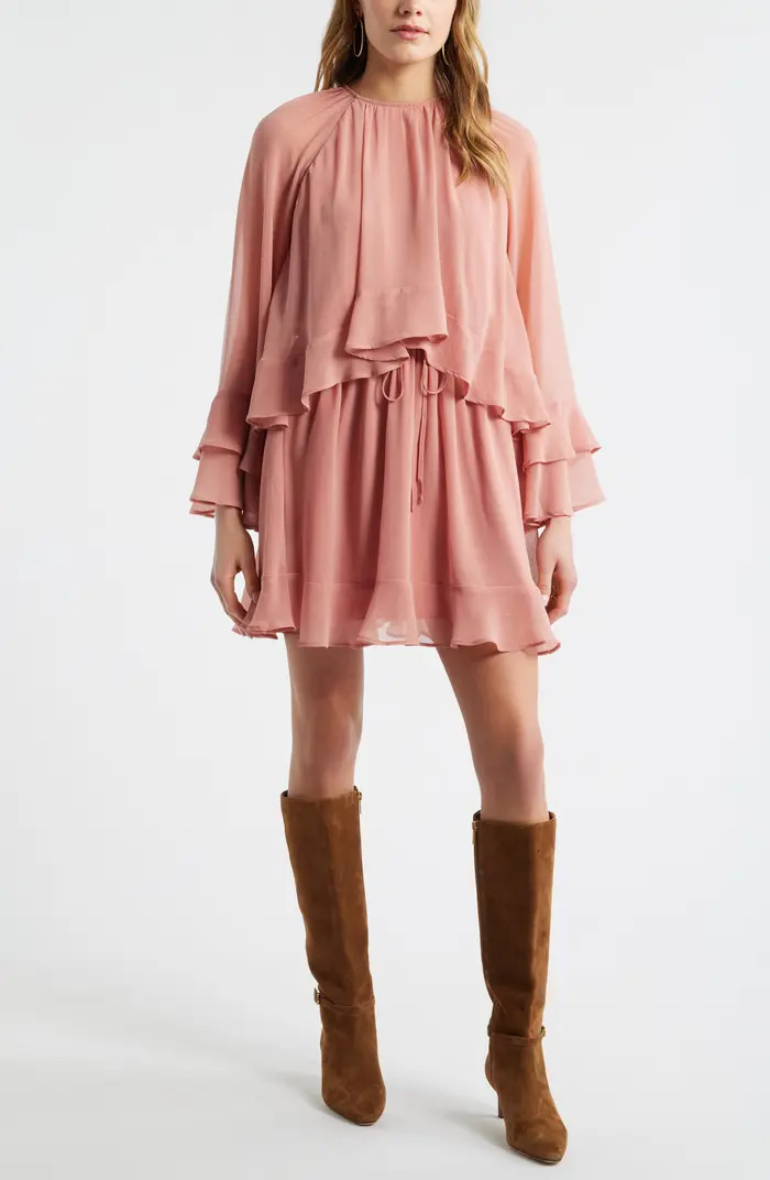 Tiered Long Sleeve Chiffon Minidress | Nordstrom