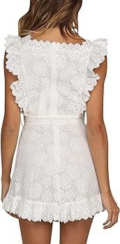 Women's Lace Floral Hollow Out Mini Dress Ruffle Tie Waist Summer Dress | Amazon (US)