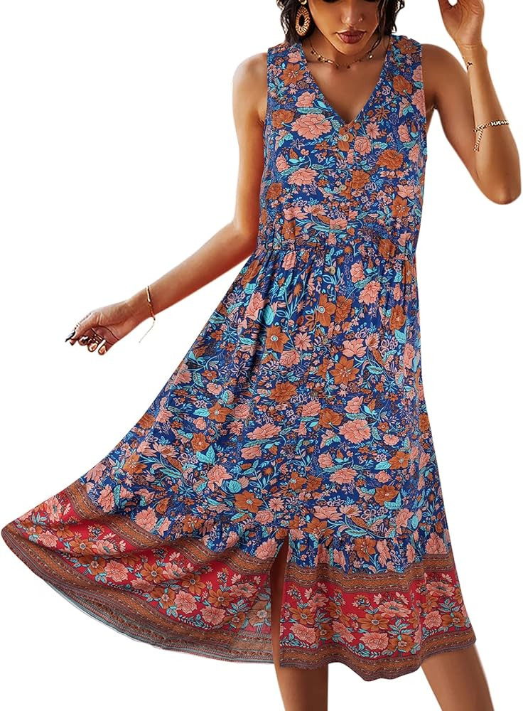 TEMOFON Women Dress Summer Sleeveless Floral Bohemian V Neck Button Down Flowy Dresses S-XL | Amazon (US)
