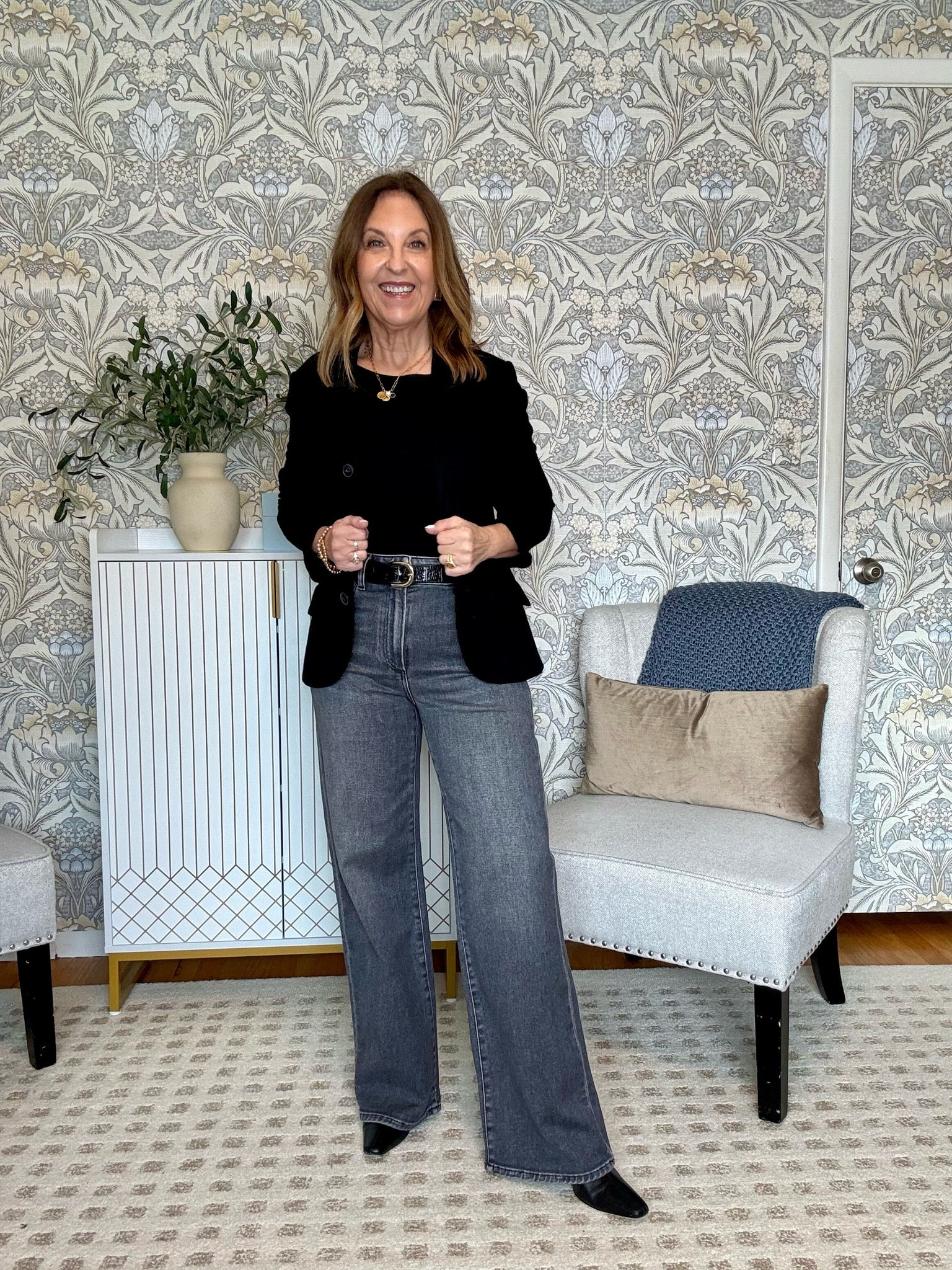 Great jeans for fall. This is the Paige Anessa. It fits tts. I'm wearing the regular style, but it's also available in petites. 

The Rag & Bone knit blazer is a classic that's an R&B favorite.  It looks dressy but feels like a sweater. It fits tts. I'm wearing a size 0. 

The top is quince; it fits tts. I'm wearing XS. The boots are staud and currently on sale at Shopbop.  Last day of Insider Event sale!!

#LTKSeasonal #LTKOver40 #LTKSaleAlert
