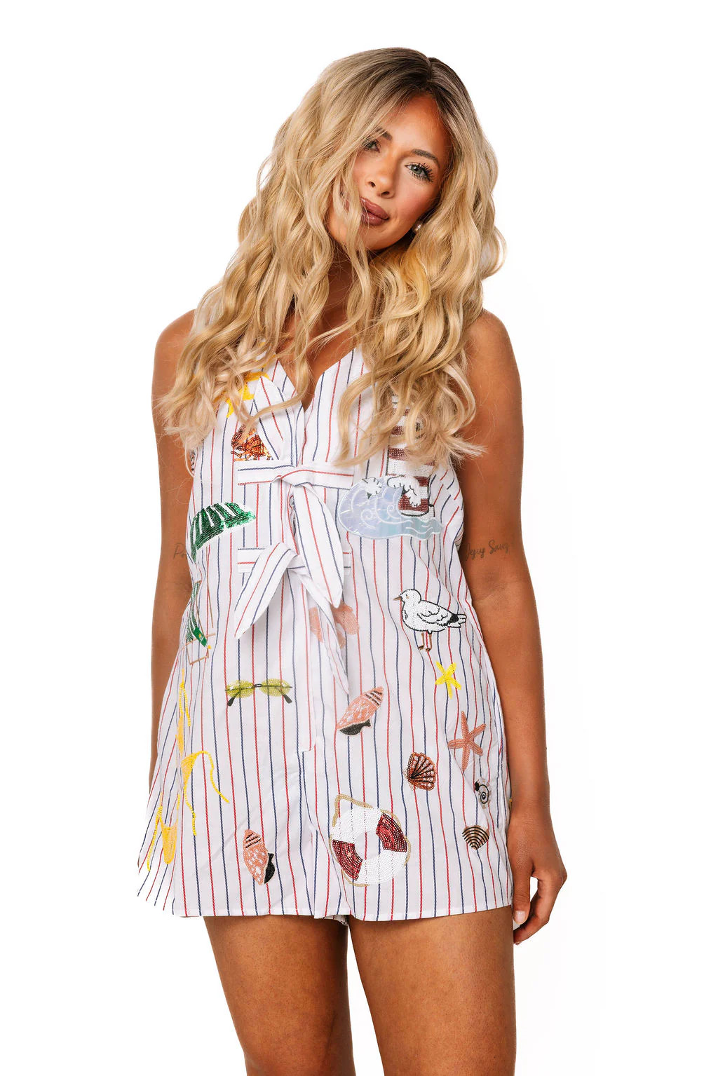 Multi Striped Beach Icon Tie Cotton Romper | Queen of Sparkles