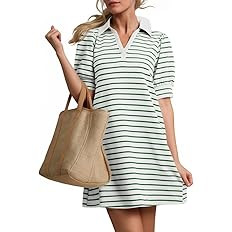 ZESICA Womens Summer Striped T Shirt Mini Dresses 2026 Casual Lapel V Neck Short Sleeve Flowy A L... | Amazon (US)