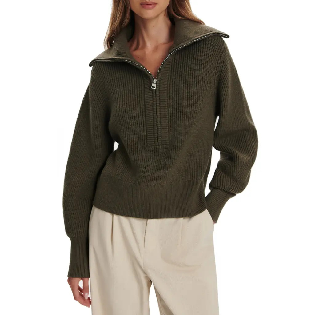 Varley Maura Rib Half Zip Sweater in Olive Night at Nordstrom, Size Large | Nordstrom