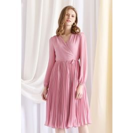 Pinky V-Neck Wrap Pleated Chiffon Dress | Chicwish