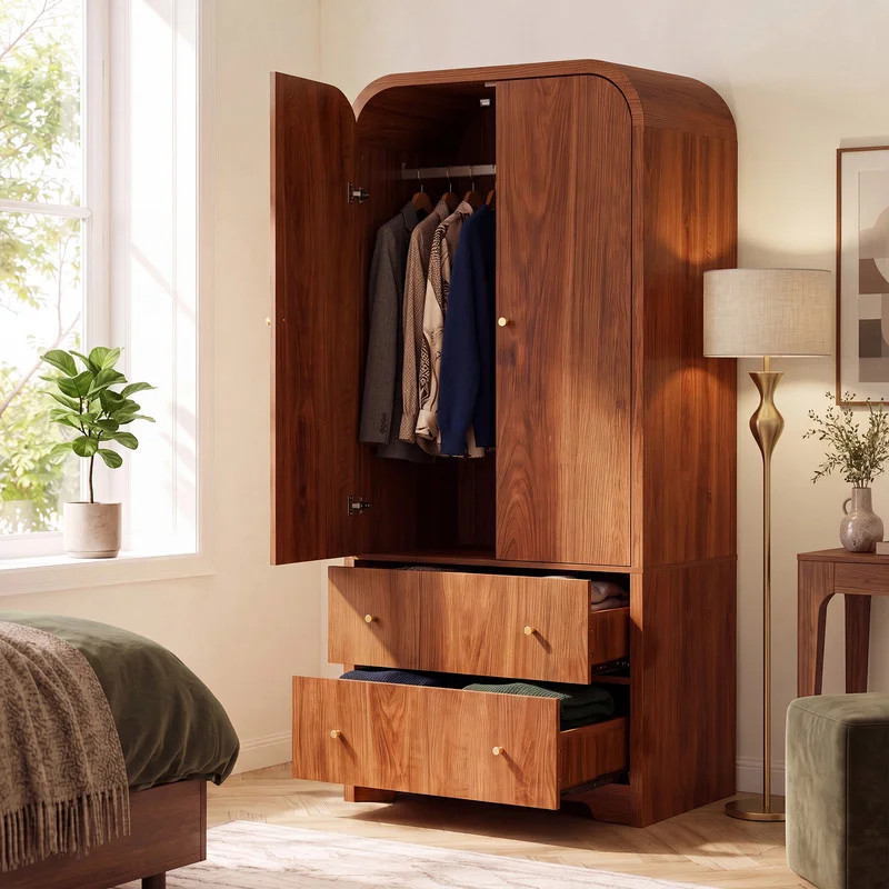Modern Arched Wardrobe Closet - 70" Wardrobe Closet Armoire with 2 Doors & Hanging Rod, Wooden Armoire Wardrobe Closet with Drawers Tall Armoires Stor | Wayfair North America