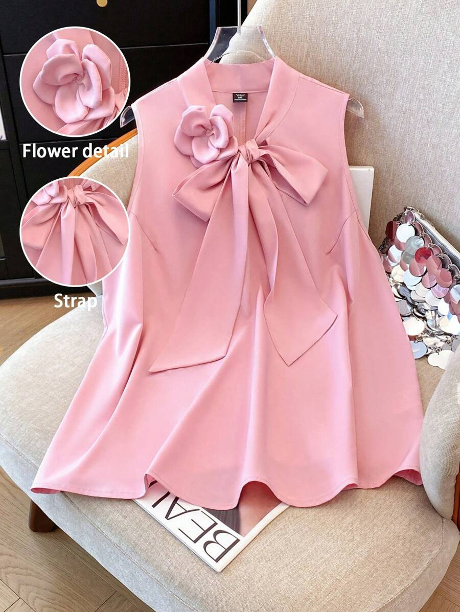GlowEve CURVE Plus Size Women Sleeveless Solid Color Elegant 3D Floral Design Blouse, Versatile F... | SHEIN