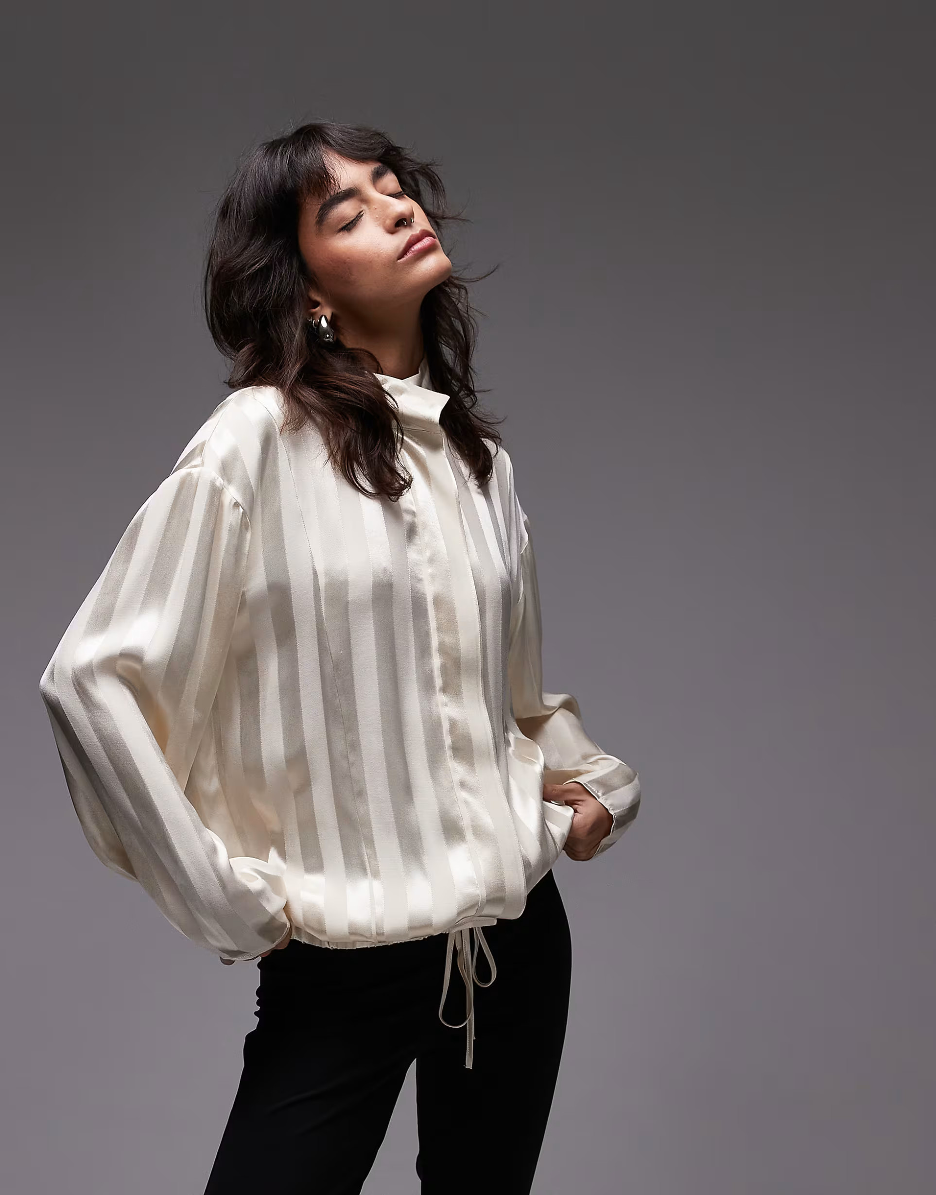 ASOS DESIGN satin funnel neck shirt in ecru stripe - part of a set | ASOS | ASOS (Global)