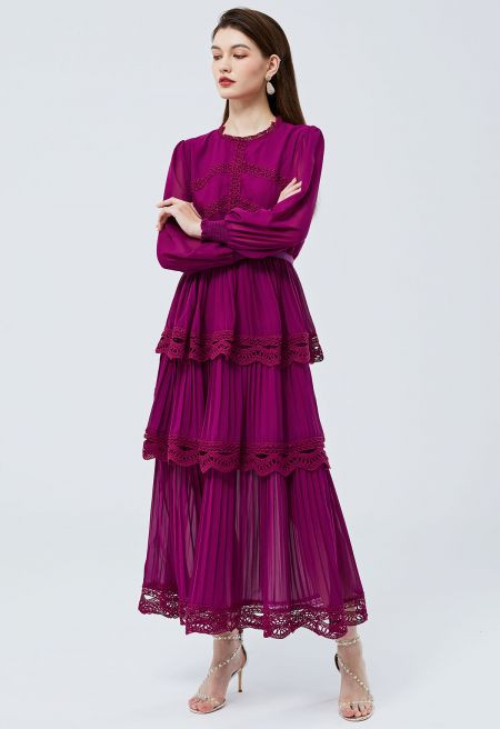 Crochet Lace Pleated Tiered Chiffon Maxi Dress in Burgundy | Chicwish