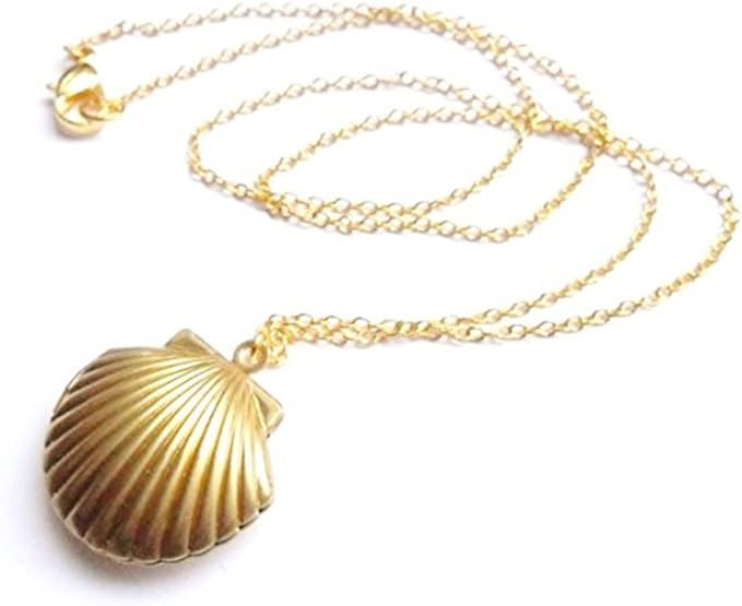 AHIER Sea Shell Locket, Mermaid Valentine Necklace, Beach Locket, Gold Tone Brass, Little Shell L... | Amazon (US)