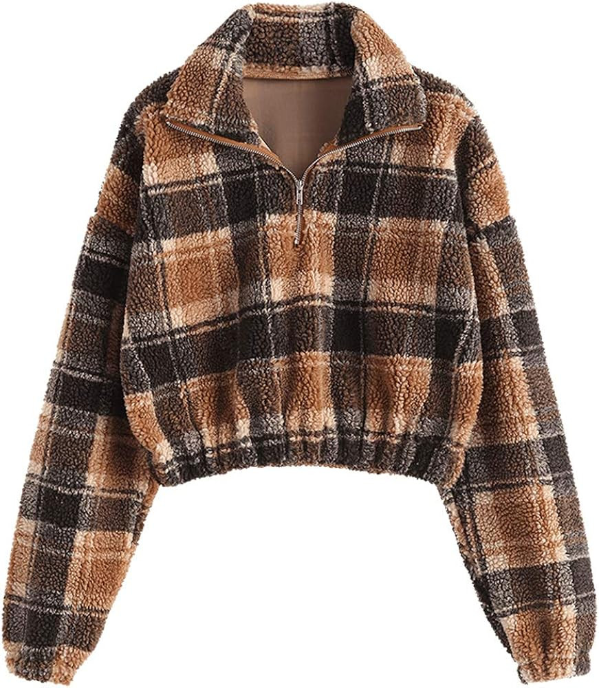 ZAFUL Women's Sherpa Pullover Faux Fur Half Zip Long Sleeve Crop Sweatshirt | Amazon (US)