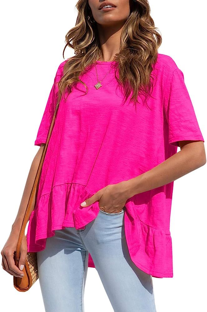 Bigyonger Women's Summer Loose Ruffled T-Shirt Short Sleeve Peplum Blouse Tunic Top | Amazon (US)