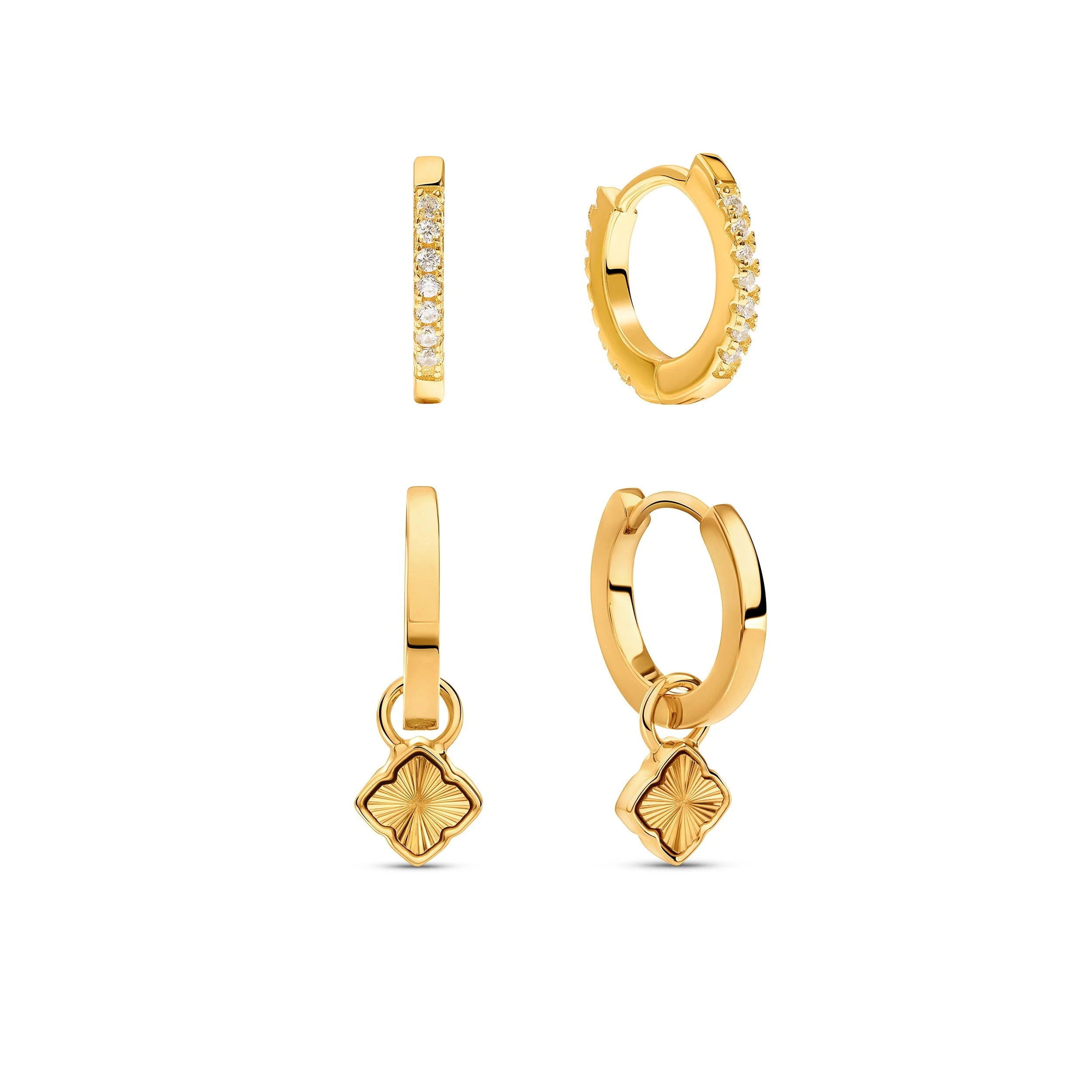 Fine Mini Fluted Clover & Crystal Huggie Earring Set (Gold) | Abbott Lyon