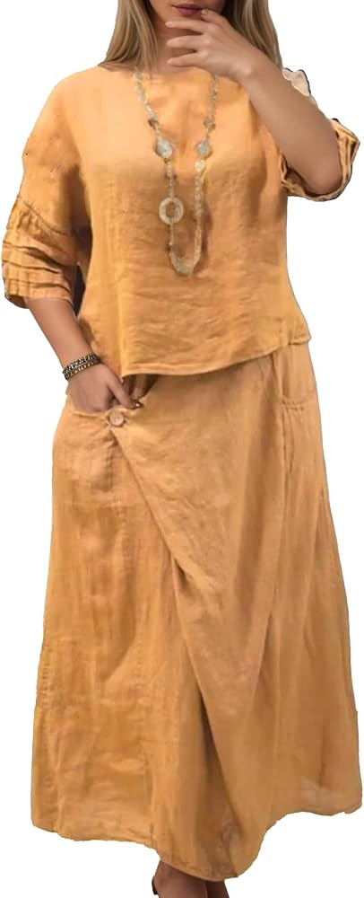 Linen Sets for Women 2 piece Loose Fit Skirt Sets Half Sleeve Top Casual Maxi Skirt with Pockets ... | Amazon (US)