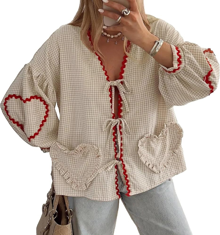 Tie Front Tops for Women Gingham Babydoll Bow Top Puff Sleeve Coquette Tops Heart Long Sleeve Cut... | Amazon (US)