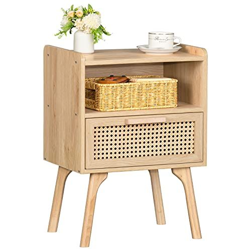 Lerliuo Rattan Nightstand, Boho Side Table with Drawer Open Shelf, Cane Accent Bedside End Table ... | Amazon (US)