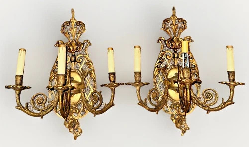 Pair Louis XV 3-Arm Wall Sconces Cast Brass French Provincial 20" x 16" Working | eBay US