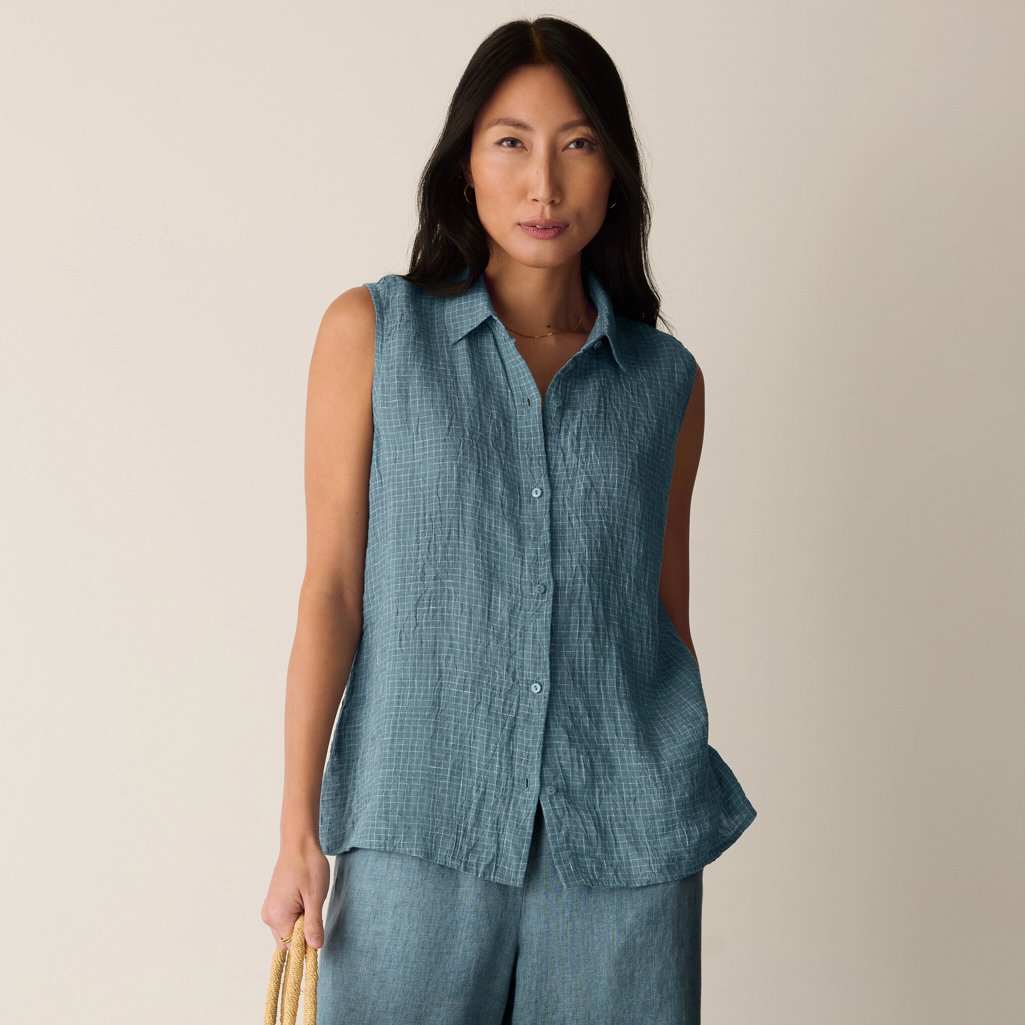 Puckered Organic Linen Grid Sleeveless Shirt | Eileen Fisher