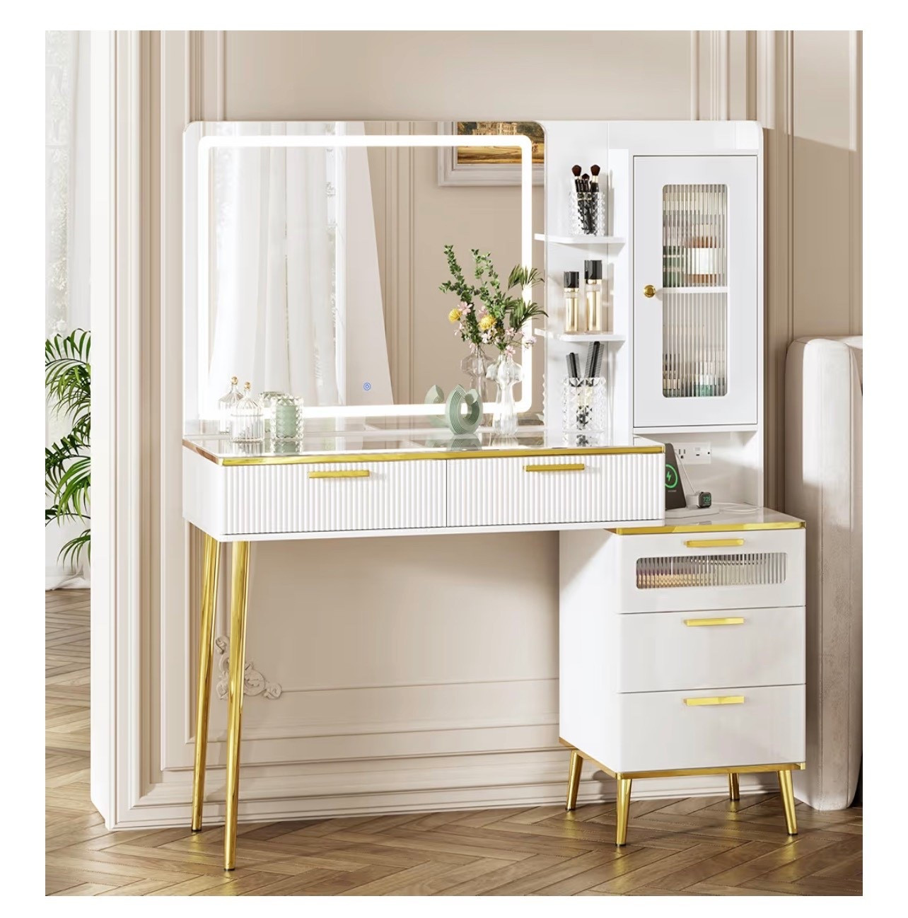 Modern Vanity Desk with Lighted Mirror & Built-In Power Outlet ✨

This chic modern vanity desk is such a dream setup for any beauty lover 🤍 The clean white finish with gold accents instantly elevates a bedroom or glam space, while the large lighted mirror makes everyday makeup routines so much easier. I love that it includes multiple drawers and open shelving for organizing makeup, skincare, hair tools, and accessories without clutter. The glass top adds a polished look, and the built-in power strip is a game changer for plugging in a hair dryer, curling iron, or charging your phone while you get ready 💄✨

The LED mirror features three adjustable lighting modes—warm, natural, and cool—so you can customize your lighting for daytime makeup, evening glam, or content creation. With sturdy metal legs, smooth drawer slides, and thoughtful storage throughout, this vanity desk is both functional and beautiful. Perfect for a primary bedroom, teen room, college apartment, or as a statement beauty station 💕

modern vanity desk, lighted makeup vanity, vanity with mirror and lights, white vanity desk, vanity desk with drawers, makeup vanity with storage, vanity with power outlet, beauty room furniture, amazon vanity desk, glam room essentials, makeup organization furniture, dressing table with mirror, vanity desk aesthetic

#LTKGiftGuide #LTKHome #LTKBeauty