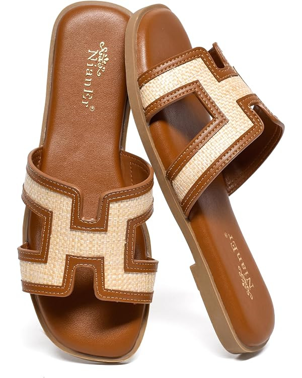 NianEr Womens Microfiber Leather Memory Foam H Sandals Summer Shoes Slides | Flat, Comfortable, S... | Amazon (US)