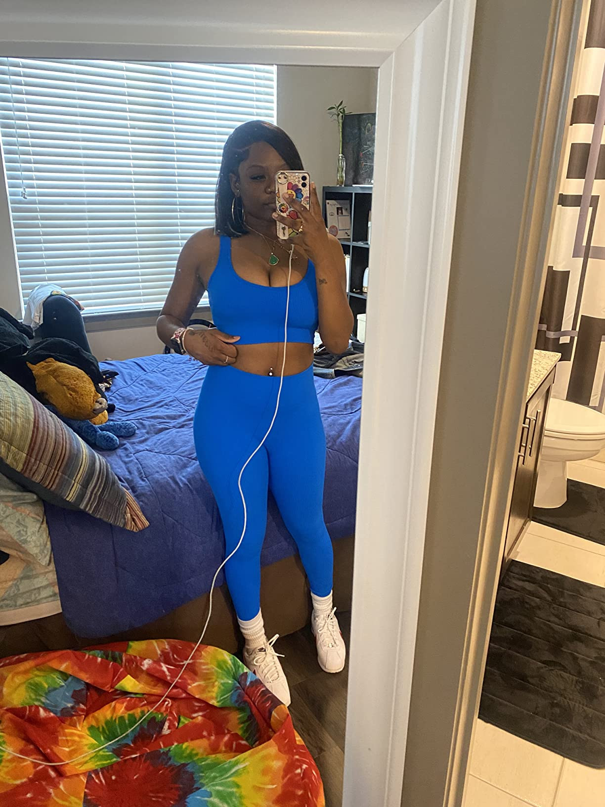 Ribbed Workout Outfits for Women 2 Piece Seamless Sport Bra High Waist Yoga Leggings Sets | Amazon (US)