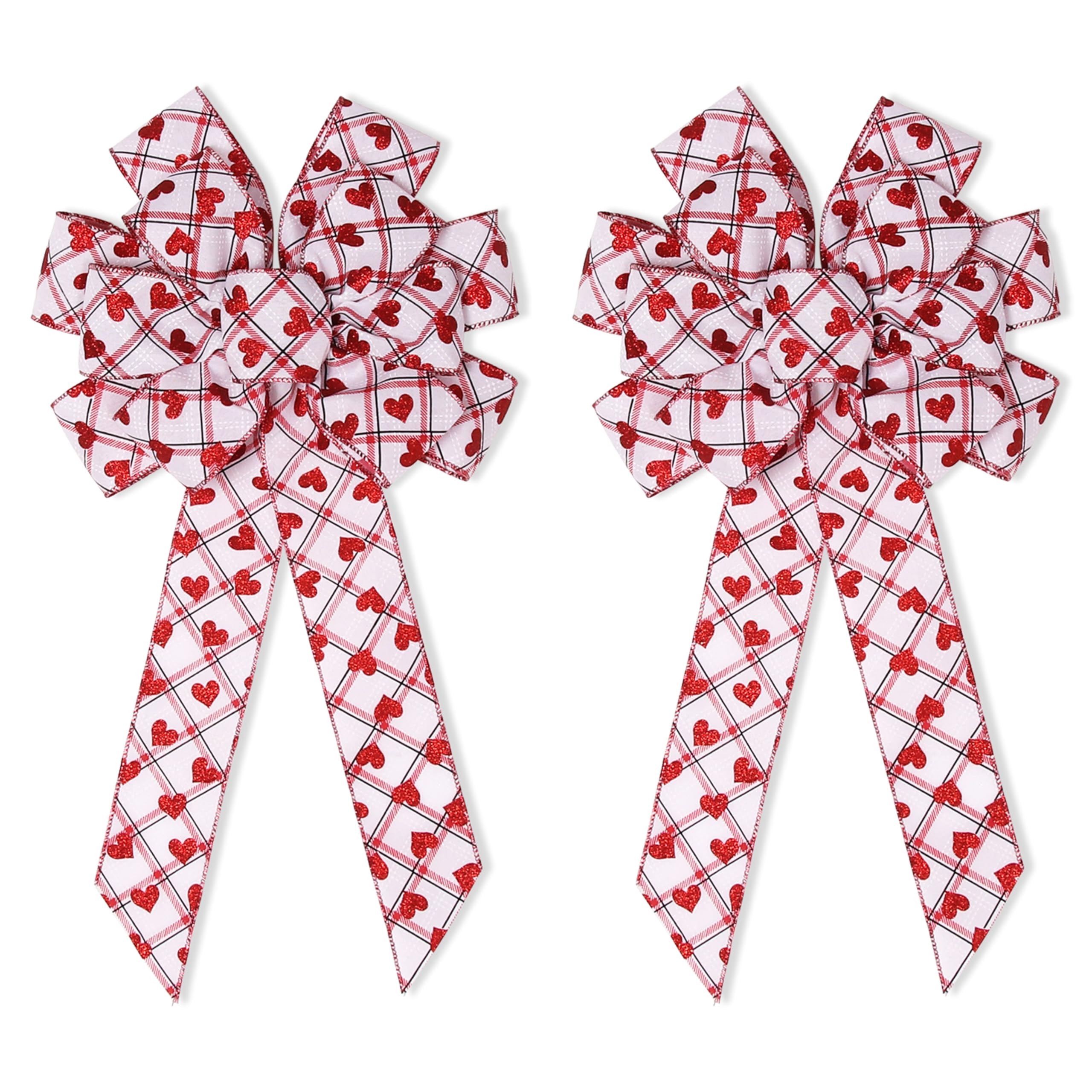 Valentine's Day Bows 2 Pcs Valentine's Day Wreath Bow with Red White Checkered Heart Printed Gift Bow Tree Topper for Valentine's Day Mother's Day Wedding Holiday Front Door Home Decoration | Amazon (US)
